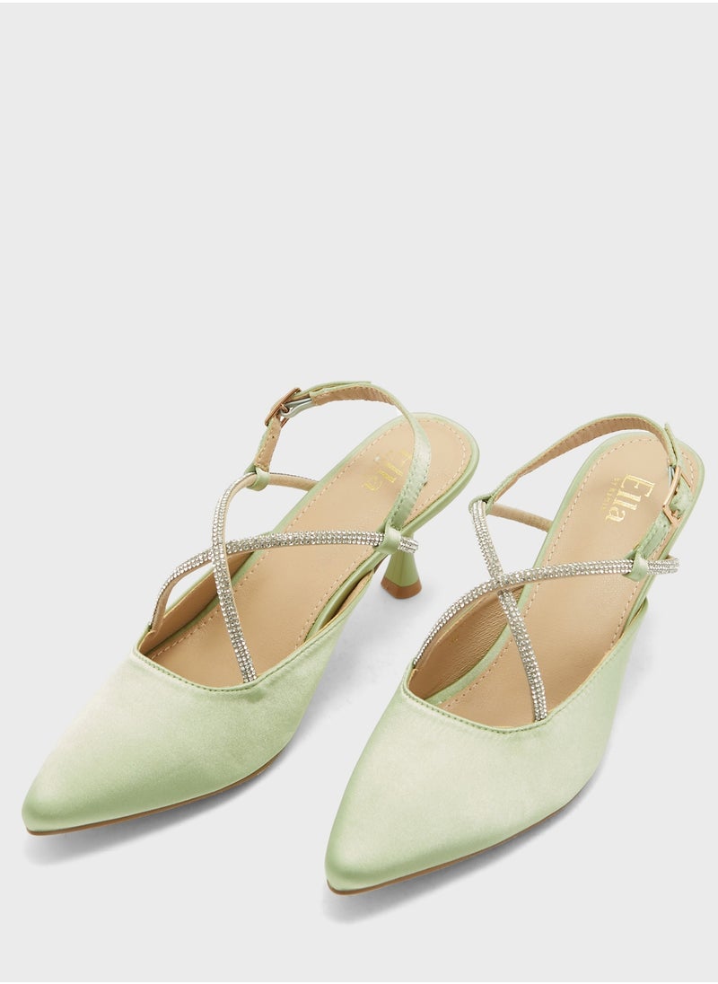 ايلا ليمتد اديشن Diamante Crossed Strap Satin Pointed Pump  - Image 4