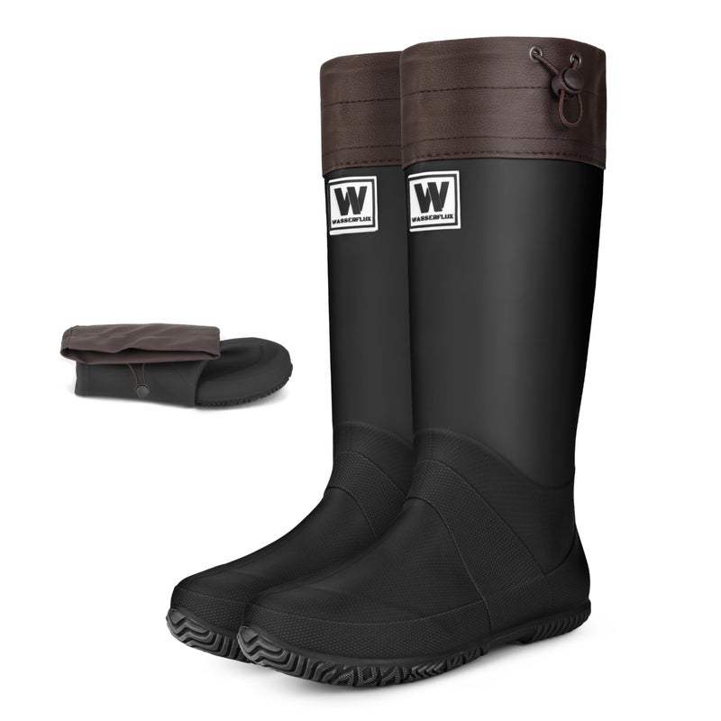 wasserflux Womenâ€™s Waterproof Mid-Calf Rain Boots â€“ Lightweight Foldable Rubber Boots with Adjustable Cuff & Anti-Slip Sole for Gardening and Outdoor Work(Black,US 8) - Image 1