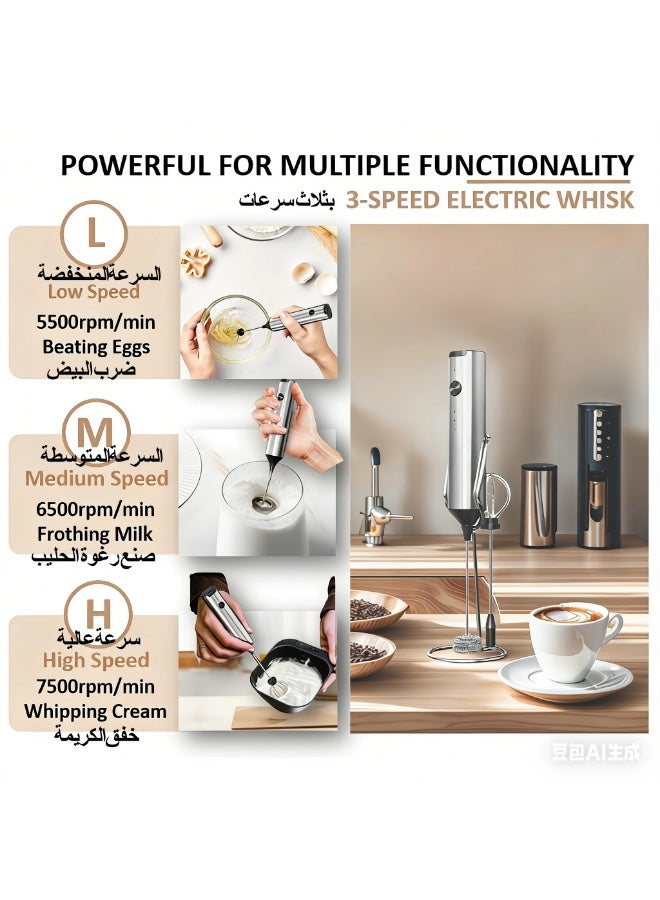 Kueh Milk Frother with Stand, Handheld Electric Foam Maker with 2 Heads 3 Speeds Detachable Stainless Steel Whisk Drink Mixer Foamer for Lattes, Cappuccino, Hot Chocolate, Egg - Image 3