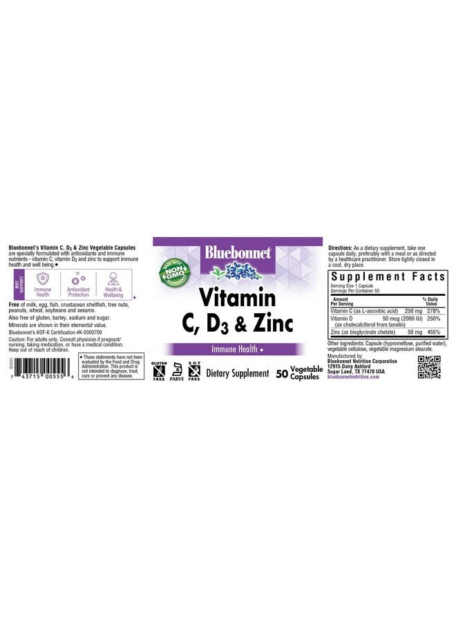 Bluebonnet Nutrition Vitamin C, D3 & Zinc, for Immune Health and Respiratory Function*, Soy-Free, Gluten-Free, Non-GMO, Kosher Certified, Dairy-Free, 50 Vegetable Capsules, 50 Servings - Image 2