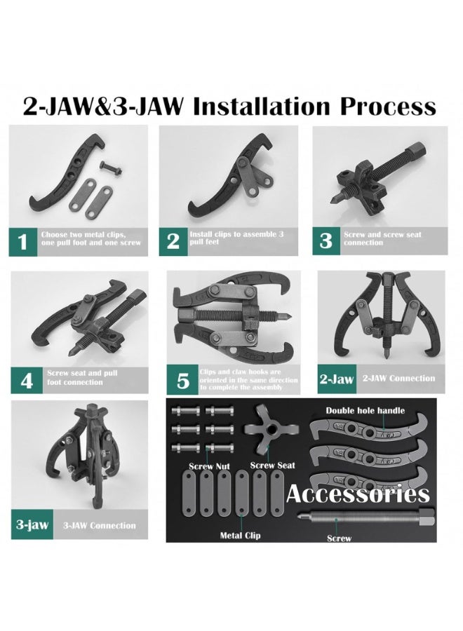 أداة سحب محامل داخلية ثلاثية الفك، أداة سحب تروس محمل تجريبي ٣ بوصة للسيارات مع فكوك قابلة للعكس، أداة استخراج تروس شديدة التحمل لعجلات السيارات، مجموعة سحب للدراجات النارية والسيارات والسيارات الرياضية متعددة الاستخدامات. - Image 2