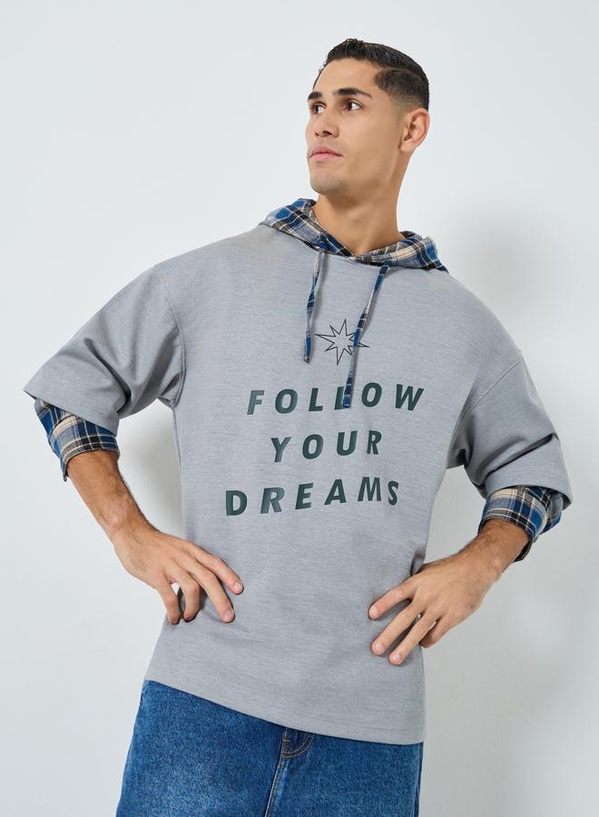 Take Two Men Grey Checked Panel Slogan Hoodie - Image 3