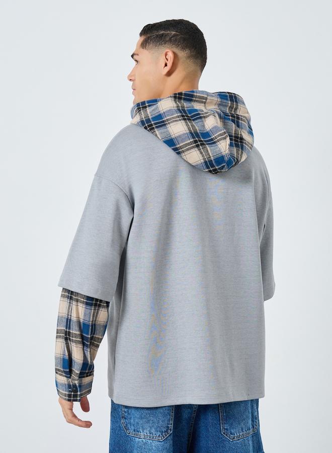 Take Two Men Grey Checked Panel Slogan Hoodie - Image 5