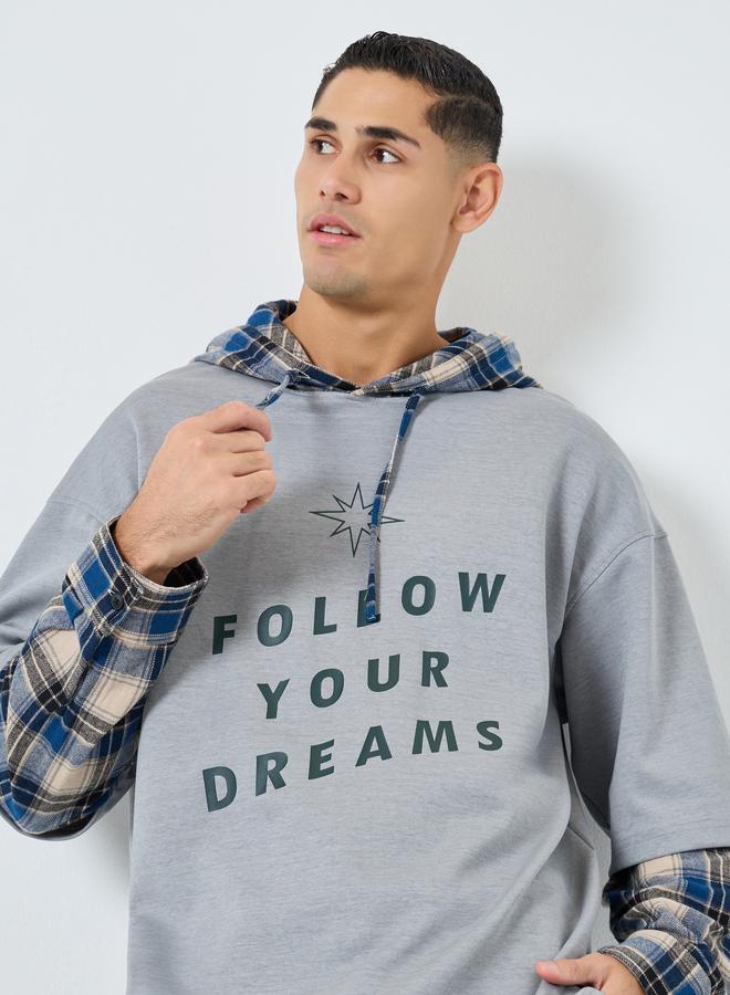 Take Two Men Grey Checked Panel Slogan Hoodie - Image 1