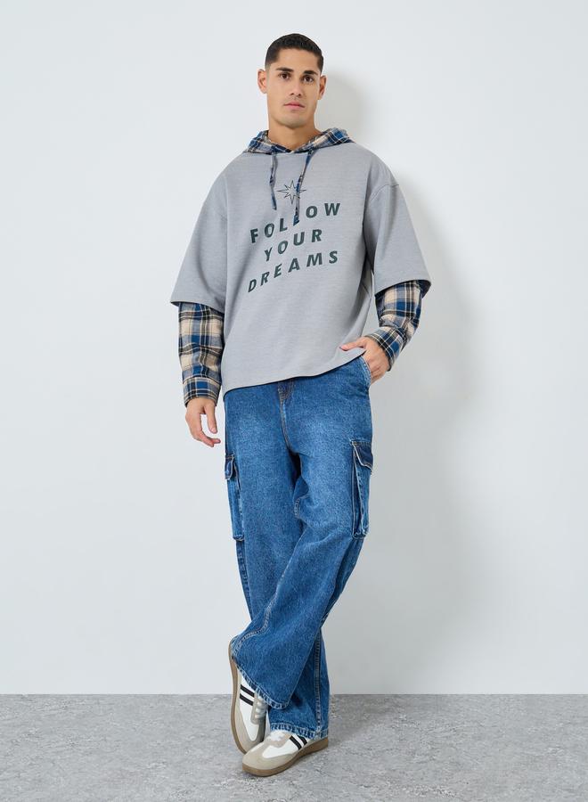 Take Two Men Grey Checked Panel Slogan Hoodie - Image 2