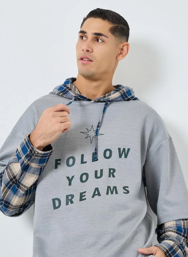 Take Two Multi Men Grey Checked Panel Slogan Hoodie for Men | Best Price UAE