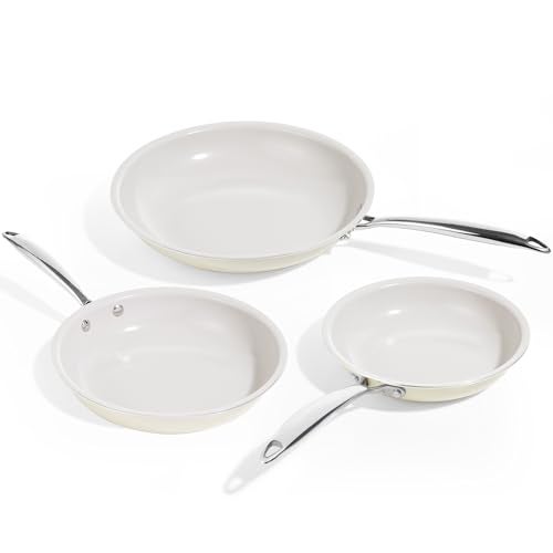 KITEXPERT Non Stick Frying Pans, Titanium Ceramic Skillet Set for Cooking, 8" 9.5" 11" Non Toxic Ceramic Pans with Stay Cool Handle, PFAS & PTFE & PFOA Free, Dishwasher and Oven Safe, Cream - Image 1