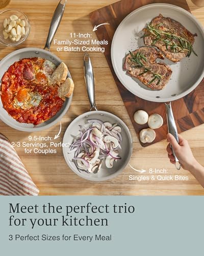 KITEXPERT Non Stick Frying Pans, Titanium Ceramic Skillet Set for Cooking, 8" 9.5" 11" Non Toxic Ceramic Pans with Stay Cool Handle, PFAS & PTFE & PFOA Free, Dishwasher and Oven Safe, Cream - Image 2