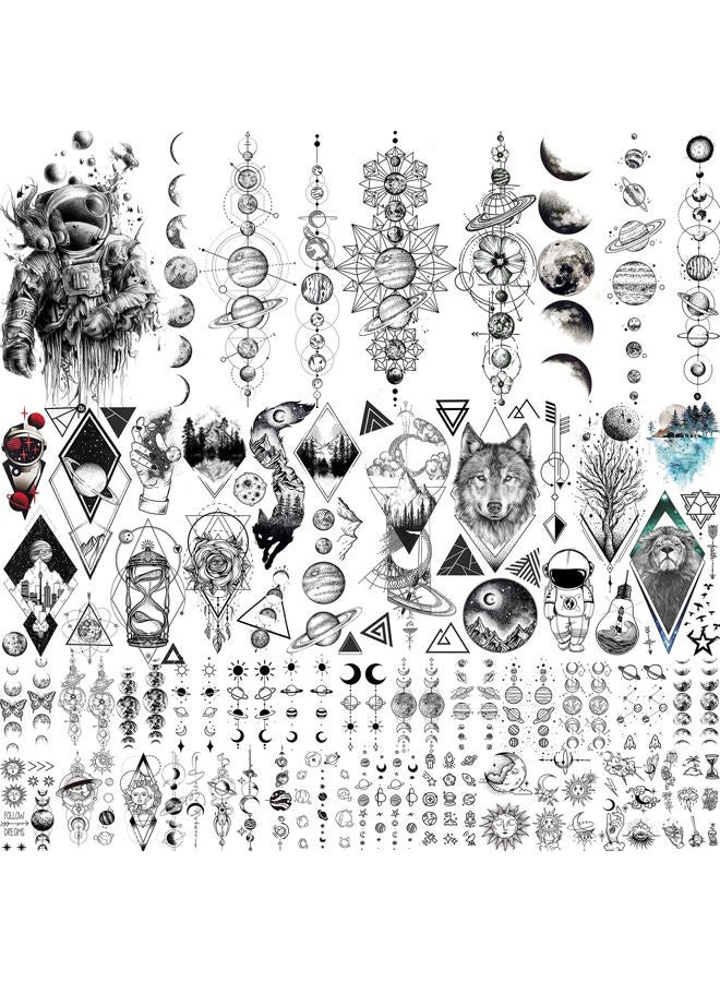 JOEHAPY 33 Sheets Outer Space Temporary Tattoos for Kids Boys Girl Women Men Adults Children, Geometry Astronaut Universe Fake Tattoo Star Moon Solar Syetem - Image 1