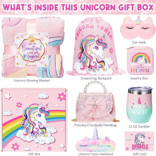 Trabuono 9PCS Unicorn Gifts for Girls Age 4-6 6-8, Toddler Girl Toys with Unicorn Glow in The Dark Blanket Crossbody Purse Kids Christmas Birthday Gifts Toys for 3 4 5 6 7 8+ Year Old Teen Girls Daughter Niece - Image 2