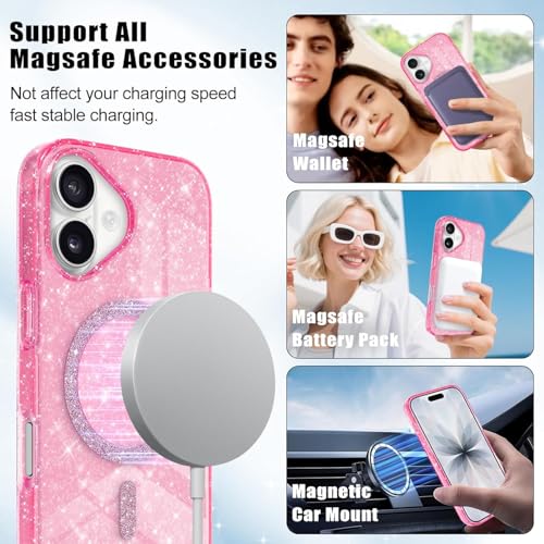 mobistyle Magnetic for iPhone 17 Case, Clear Crystal Glitter 17 Phone Case Compatible with MagSafe, Shockproof Sparkly Cute Women Girl Cover for iPhone 17, Hot Pink Glitter - Image 4