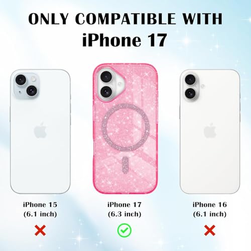 mobistyle Magnetic for iPhone 17 Case, Clear Crystal Glitter 17 Phone Case Compatible with MagSafe, Shockproof Sparkly Cute Women Girl Cover for iPhone 17, Hot Pink Glitter - Image 3