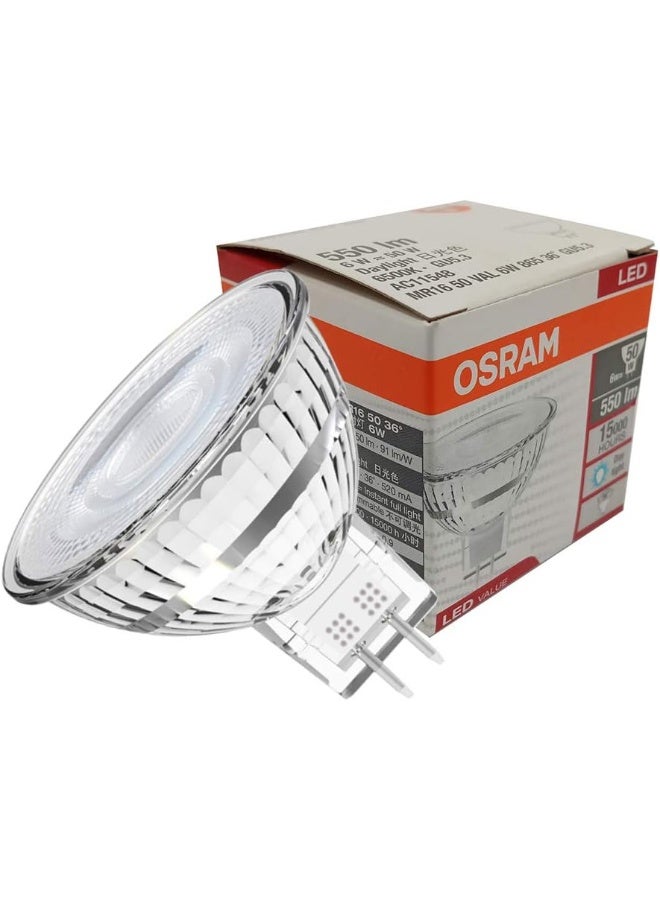 OsRAM Led Star Mr16 12 V/Low-Voltage 50 Watt Equivalent Reflector Lamps 6W, Pin Base Gu5.3, Day Light/6500K 550 Lm - Image 1