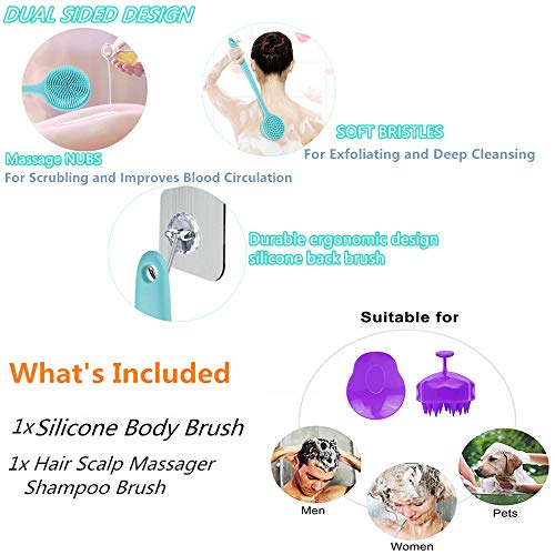 Cinlitek Silicone Body Scrubber & Scalp Massager, Long Handle Shower Brush, Exfoliating Scrubber for Men, Women & Kids - Image 2