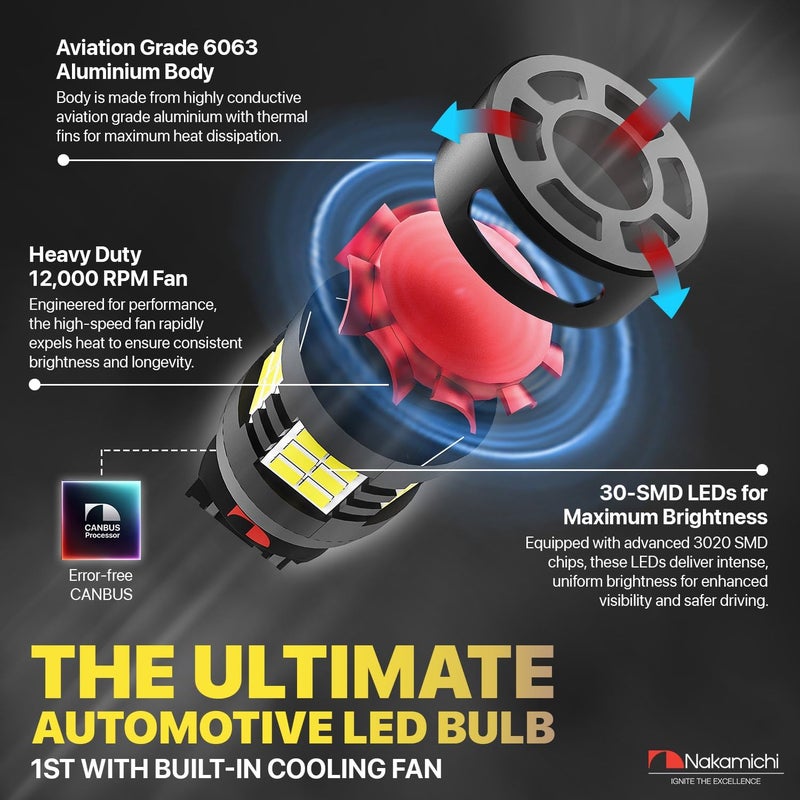 NAKAMICHI T20 7443 7441 7444 (W21/5W) Car LED Bulb 30-SMD 3020 Chip with Canbus Error-Free 12,000 RPM Fan for Brake Turn Signal Indicator Reverse Backup Tail Light (Monza Red, 30 LEDs, Pack of 2) - Image 4