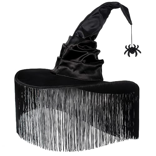 JUSTOTRY Witch Hat for Women Halloween Women Costume Black Witches Hats with Dangle Fringe for Hallowee Decor Accessories Hocus Pocus Party Favor - Image 1