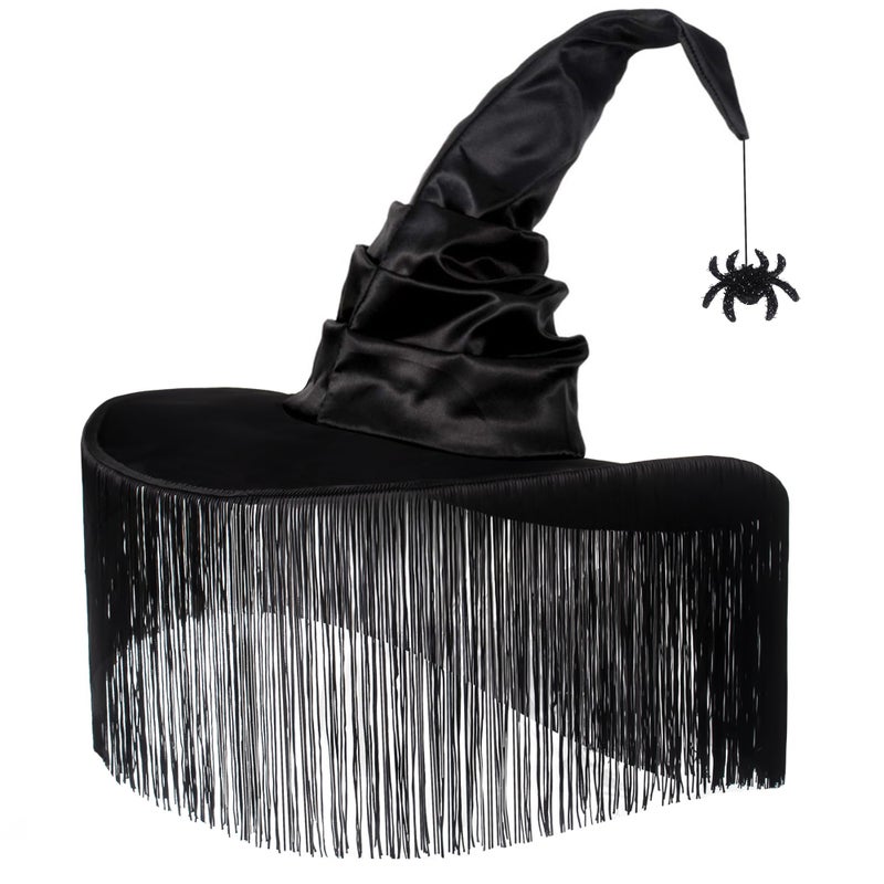 JUSTOTRY Witch Hat for Women Halloween Women Costume Black Witches Hats with Dangle Fringe for Hallowee Decor Accessories Hocus Pocus Party Favor - Image 2