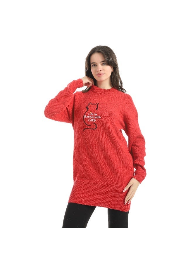 سيزار بلوفر صوف حريمي برقبة دائرية ومزود بتطريز علي الصدر - Image 1