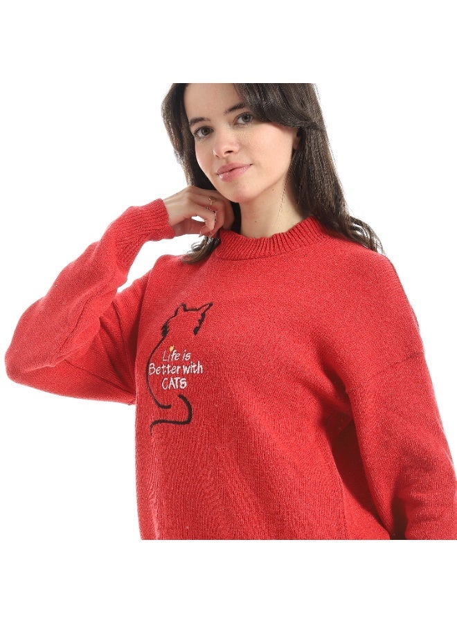 سيزار بلوفر صوف حريمي برقبة دائرية ومزود بتطريز علي الصدر - Image 3