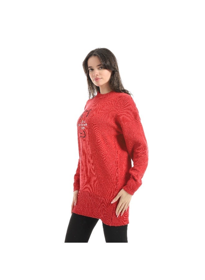 سيزار بلوفر صوف حريمي برقبة دائرية ومزود بتطريز علي الصدر - Image 5