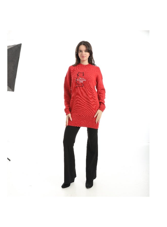 سيزار بلوفر صوف حريمي برقبة دائرية ومزود بتطريز علي الصدر - Image 4