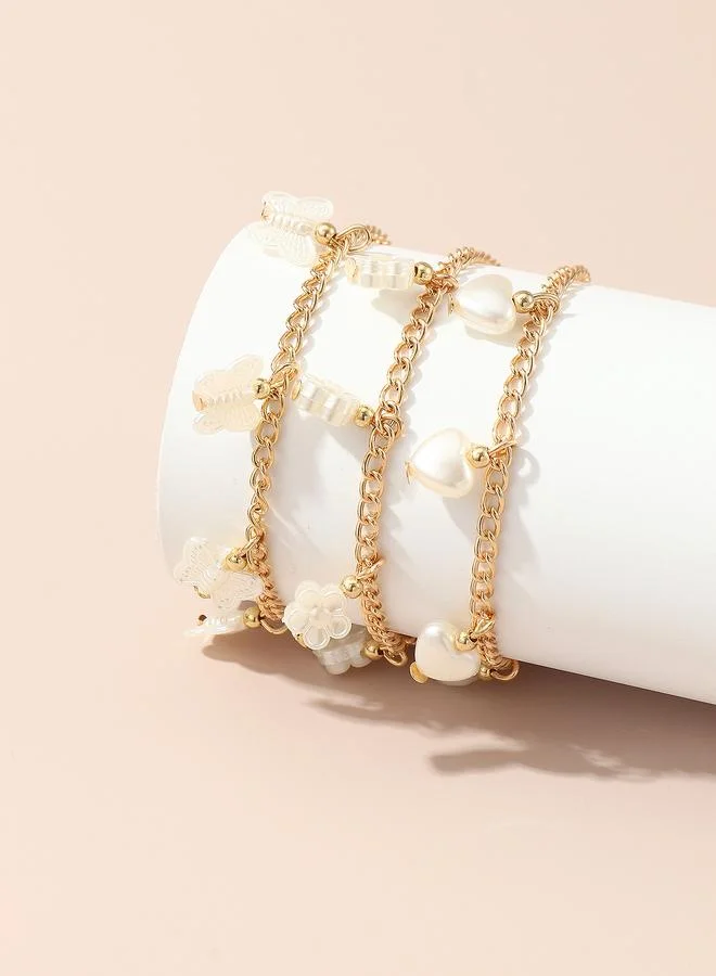 Pack of 3 - Girls Gold Tone Chain Bracelets with Butterfly Charms