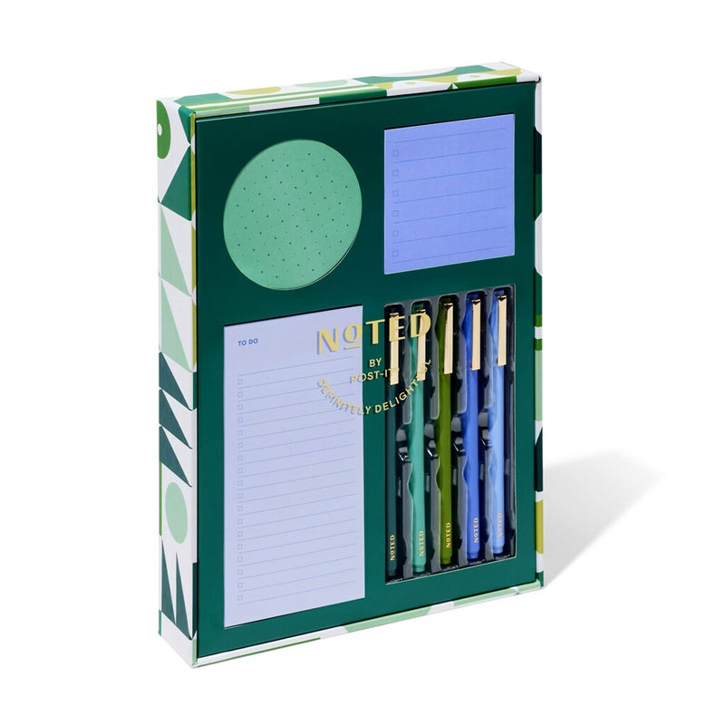 Post-it Noted by Post-it Printed Notes Gift Box, 4 Piece Set, Cool Colors, Includes Round Sticky Notes, Square Sticky Notes, Mini List Sticky Notes, 3-Pack Pens (NTD-Box-SGR) - Image 1