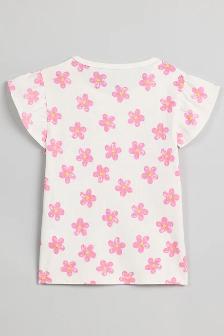 R&B Printed Top with Crew Neck and Flutter Sleeves
