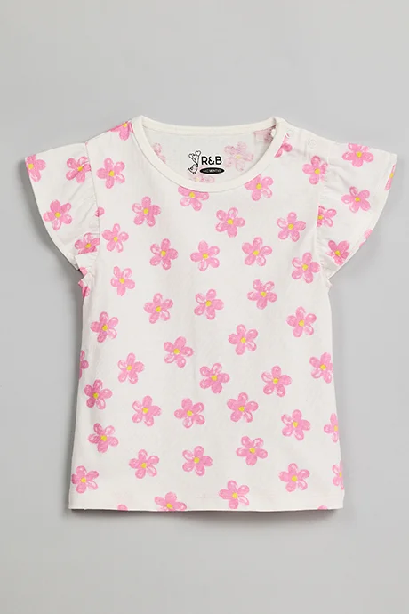 R&B Printed Top with Crew Neck and Flutter Sleeves