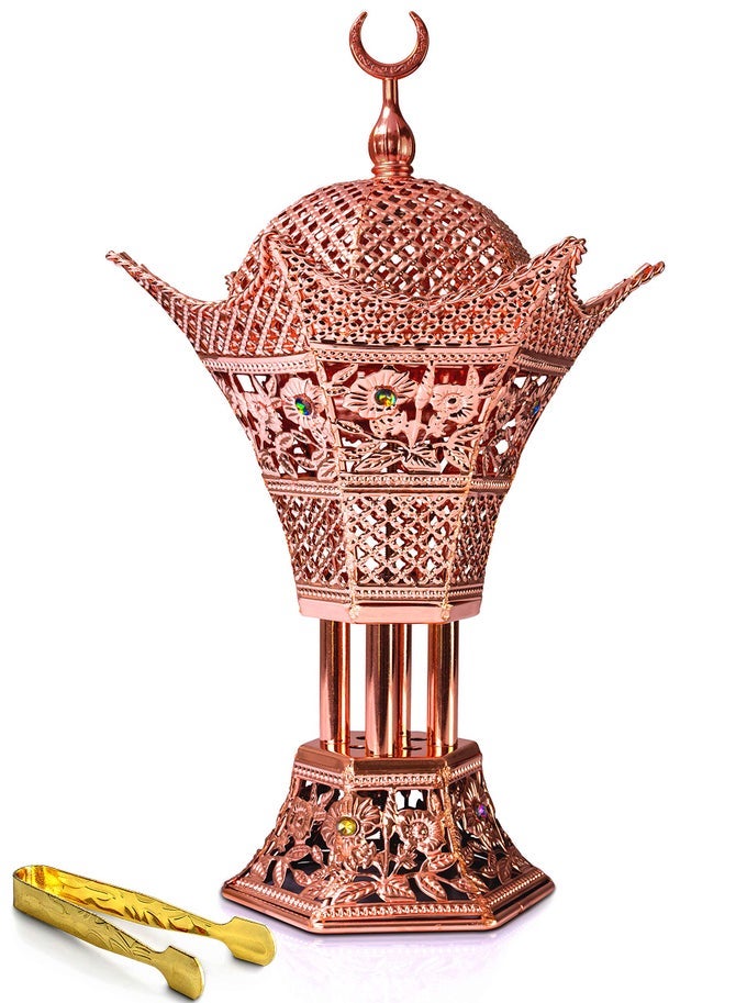 BAKHOOR CHARCOAL INCENSE BURNER OUD FRANKINCENSE RESIN BURNER 105 INCHES TALL FOR BAKHOOR OUD INCENSE STICKS CONES LUXURY FILIGREE ROSE GOLD