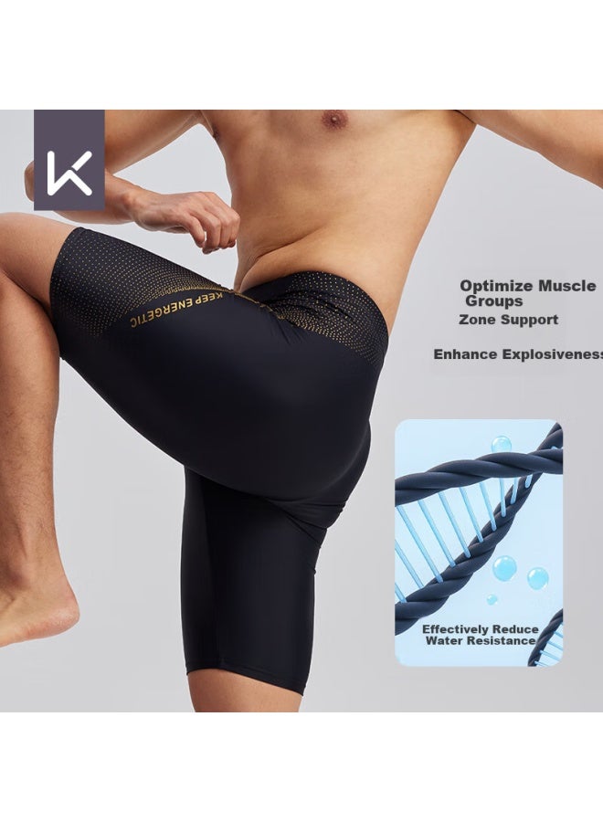 Keep Swim Trunks For Men, Anti-embarrassment Hot Spring Swimsuit, Knee-length, Plus Size, Professional Quick-dry Chlorine-resistant Swimwear, Black And Gold Color, 3XL - Image 1