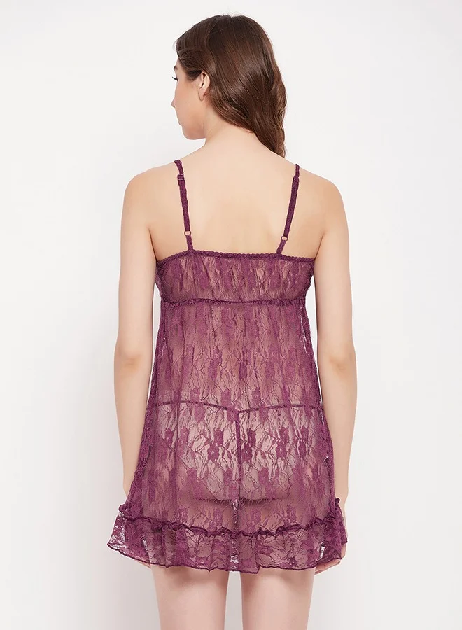 كلوفيا Clovia Chic Basic Self-Patterned Babydoll in Wine Colour with G-string - Lace