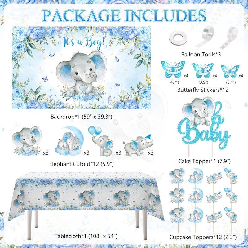 TREWAVE Elephant Baby Shower Decorations for Boy Elephant Themd Birthday Party Supplies Balloon Garland It's a Boy Backdrop Tablecloth Cake Toppers Foil Balloon for Baby Shower Decor - Image 3