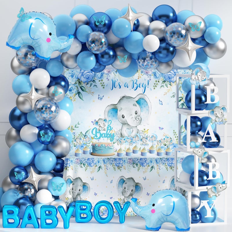 TREWAVE Elephant Baby Shower Decorations for Boy Elephant Themd Birthday Party Supplies Balloon Garland It's a Boy Backdrop Tablecloth Cake Toppers Foil Balloon for Baby Shower Decor - Image 1