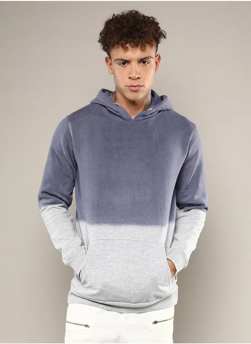 Campus Sutra Men's Steel Blue & Cloud Grey Ombre Panel Hoodie