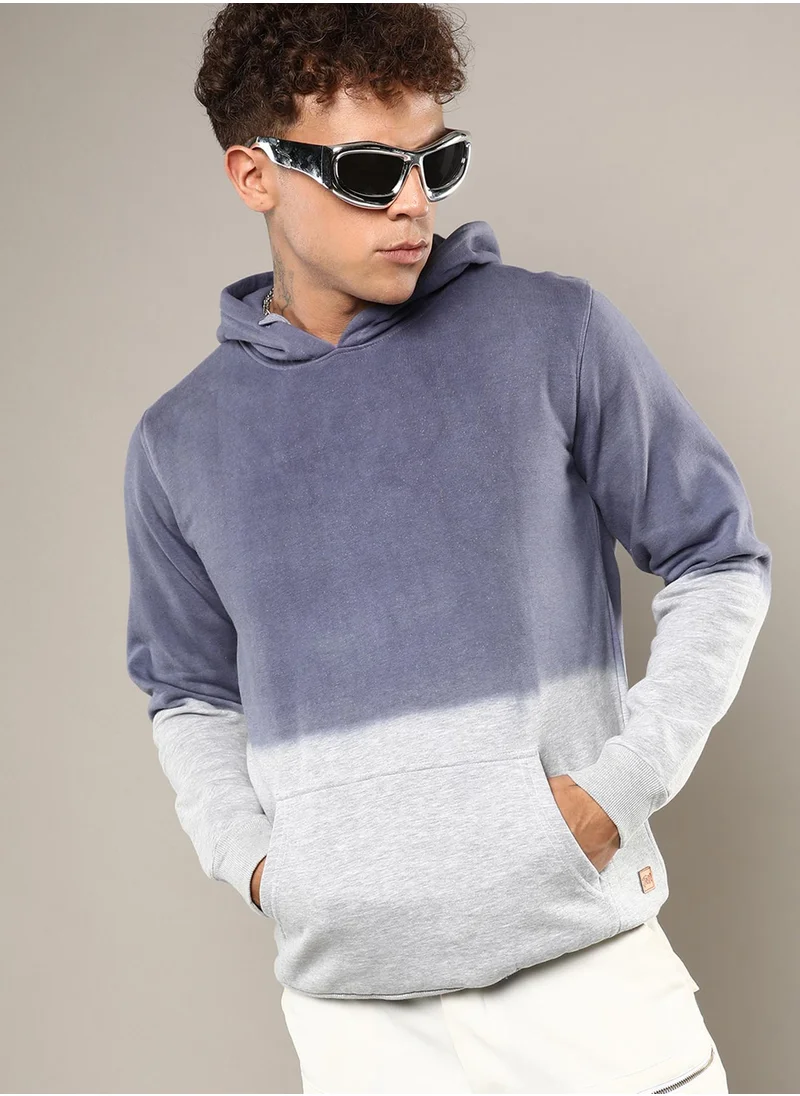 Campus Sutra Men's Steel Blue & Cloud Grey Ombre Panel Hoodie