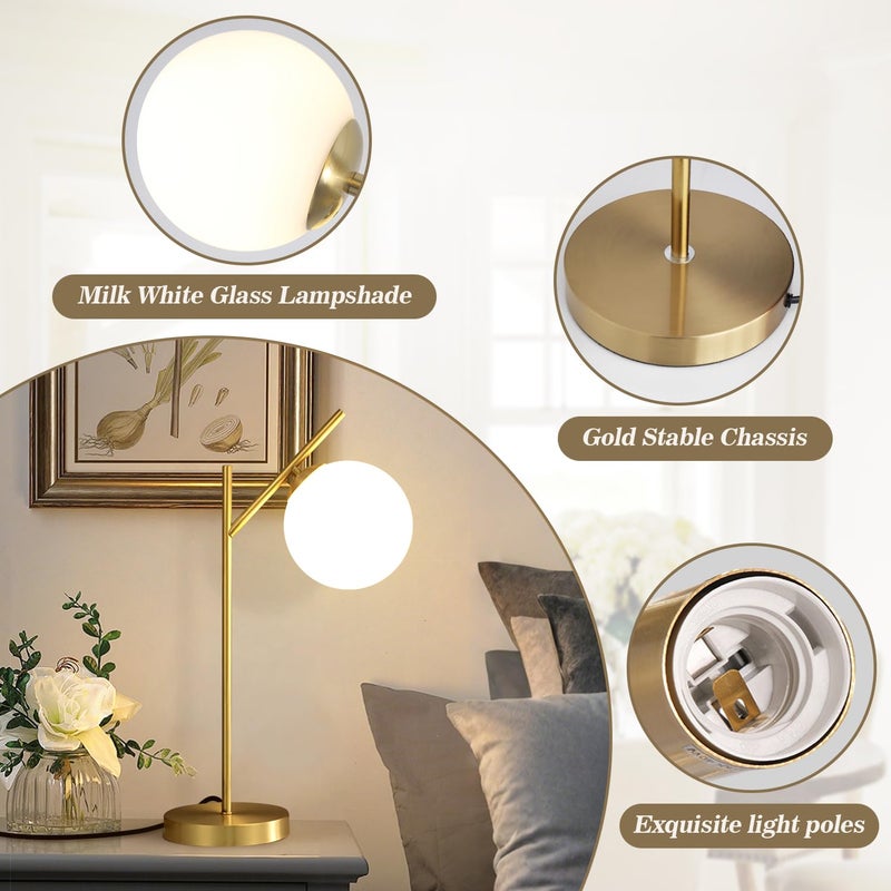 Fulesi Mid Century Modern Table Lamp, 1 Light Brass Glass Globe Bedside Lamp, Contemporary Metal Table Lamp with Milky White Glass shadefor Bedroom Living Room Study Room - Image 3