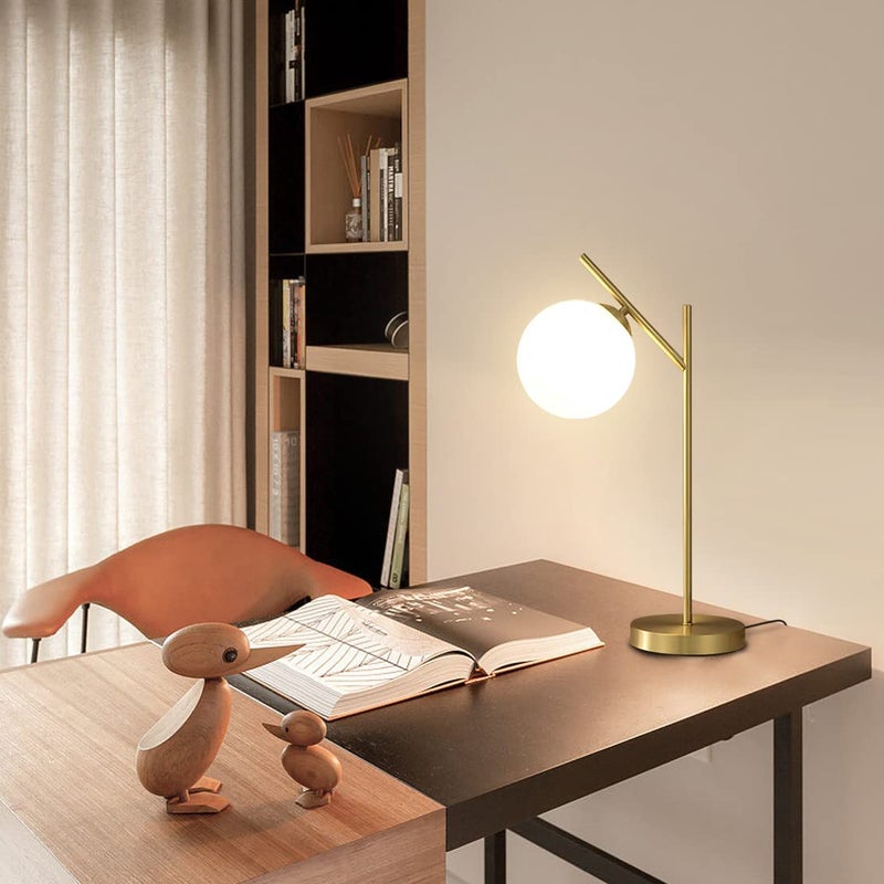 Fulesi Mid Century Modern Table Lamp, 1 Light Brass Glass Globe Bedside Lamp, Contemporary Metal Table Lamp with Milky White Glass shadefor Bedroom Living Room Study Room - Image 5