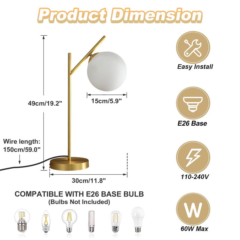 Fulesi Mid Century Modern Table Lamp, 1 Light Brass Glass Globe Bedside Lamp, Contemporary Metal Table Lamp with Milky White Glass shadefor Bedroom Living Room Study Room - Image 2