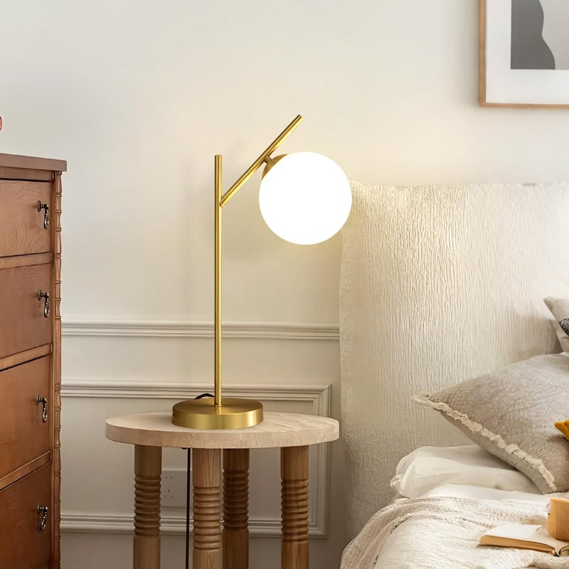 Fulesi Mid Century Modern Table Lamp, 1 Light Brass Glass Globe Bedside Lamp, Contemporary Metal Table Lamp with Milky White Glass shadefor Bedroom Living Room Study Room - Image 4
