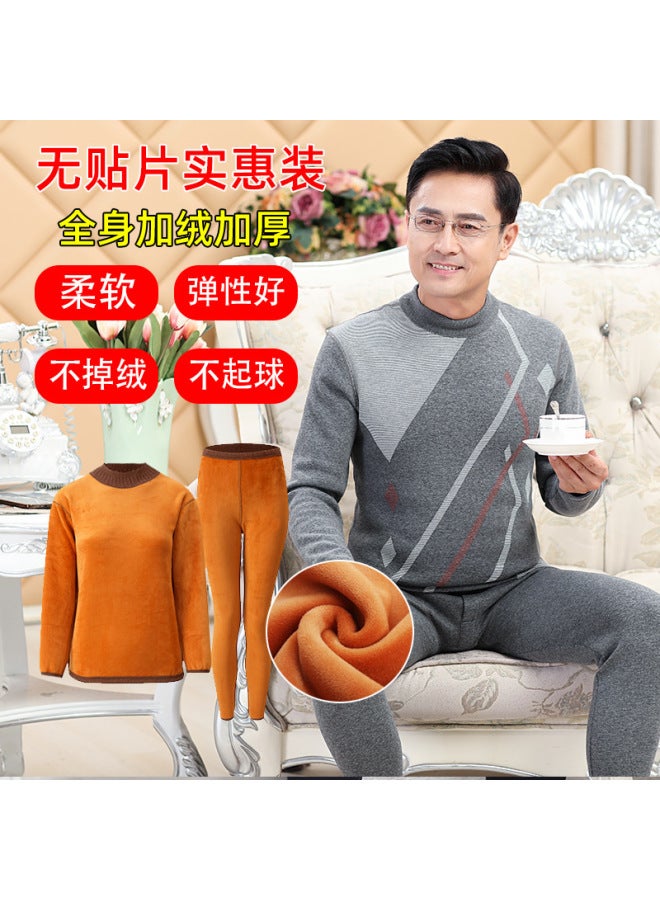 Middle-aged And Elderly Warm Suit Mom And Dad Winter Fleece-lined Thick Thermal Underwear Elderly Winter Bottoming Clothes Warm