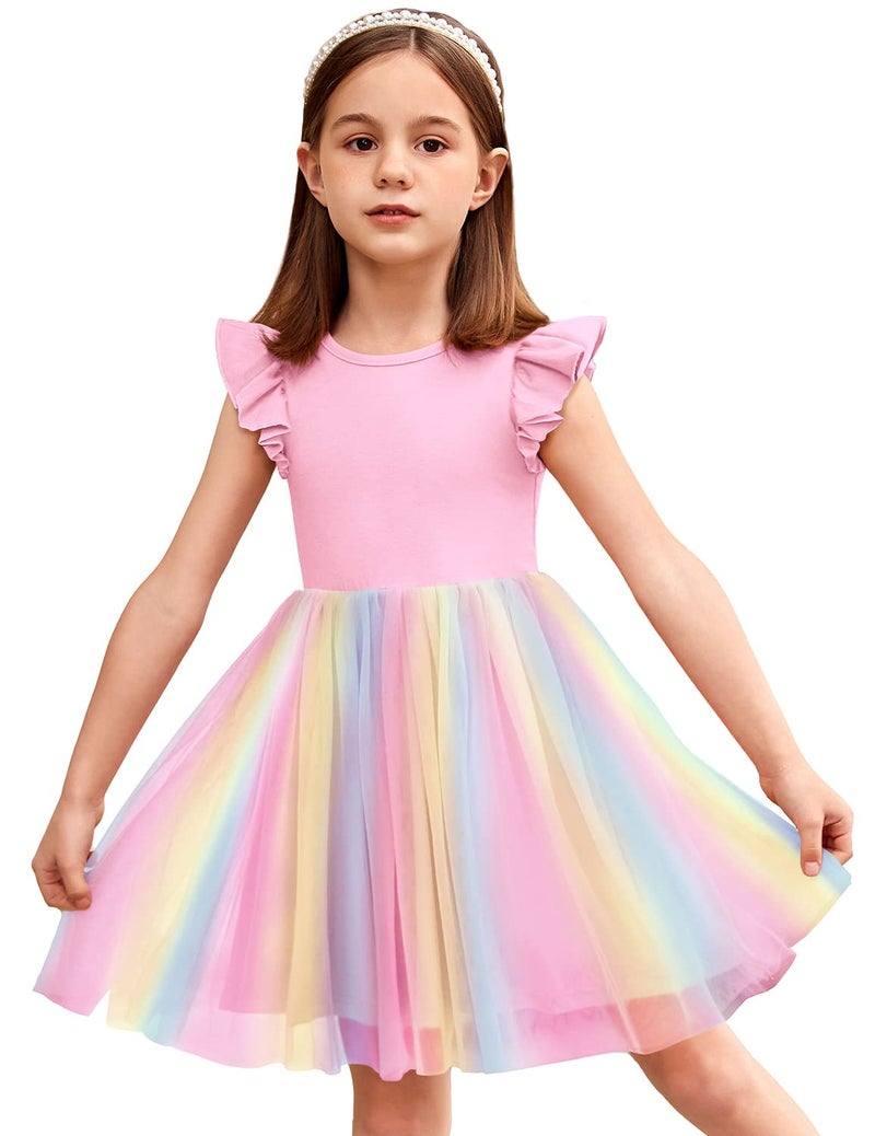 Arshiner Baby Girl Tulle Dress Toddler Flutter Sleeve Tutu Gown Flower Girl Wedding Birthday Party Dresses (0-Rainbow, 5T) - Image 1