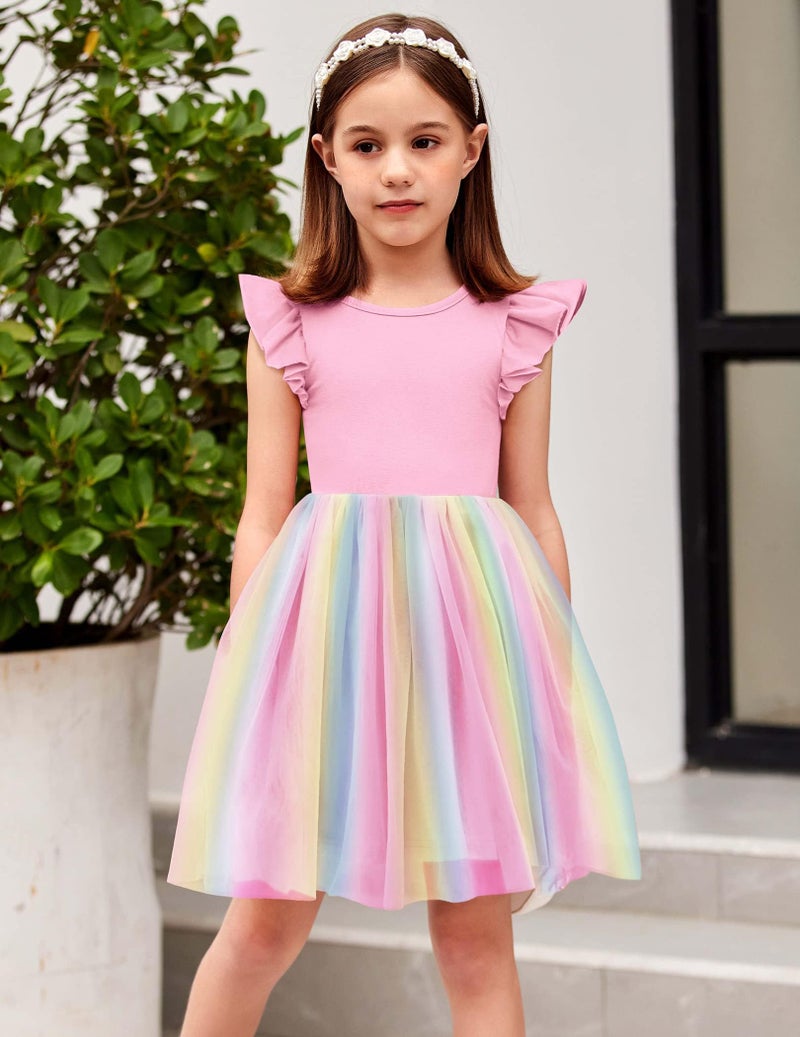 Arshiner Baby Girl Tulle Dress Toddler Flutter Sleeve Tutu Gown Flower Girl Wedding Birthday Party Dresses (0-Rainbow, 5T) - Image 2