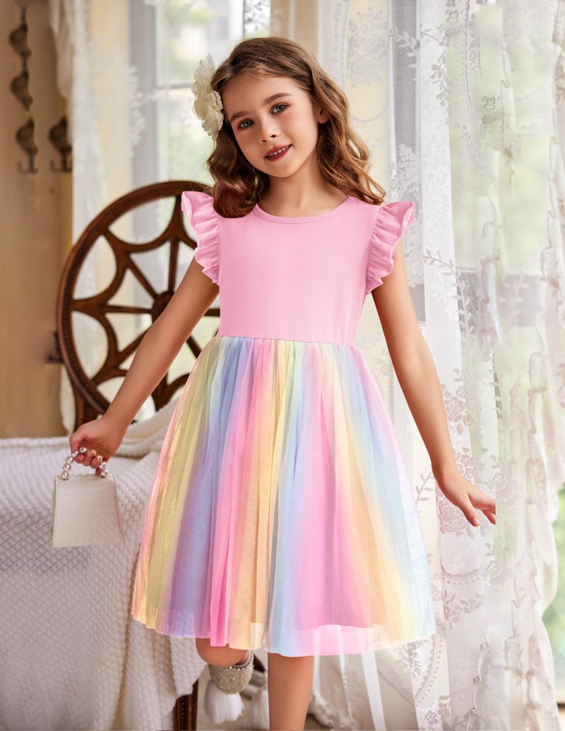 Arshiner Baby Girl Tulle Dress Toddler Flutter Sleeve Tutu Gown Flower Girl Wedding Birthday Party Dresses (0-Rainbow, 5T) - Image 4