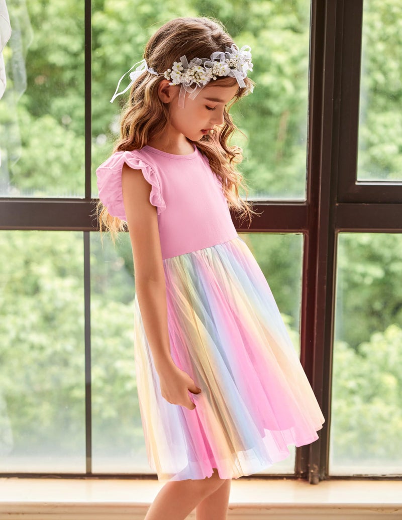 Arshiner Baby Girl Tulle Dress Toddler Flutter Sleeve Tutu Gown Flower Girl Wedding Birthday Party Dresses (0-Rainbow, 5T) - Image 5