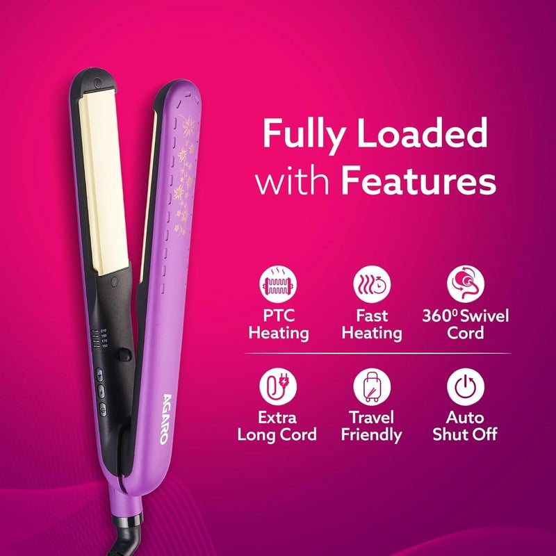 AGARO Hair Straightener, Keratin Infused Ceramic Coated Titanium Plates, Fast Heating, 4 Temperature Settings, Hair Straightening, Hair Styling For Women, Purple - Image 2