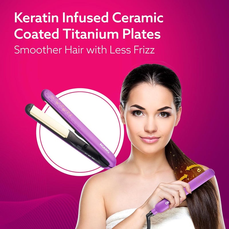 AGARO Hair Straightener, Keratin Infused Ceramic Coated Titanium Plates, Fast Heating, 4 Temperature Settings, Hair Straightening, Hair Styling For Women, Purple - Image 3
