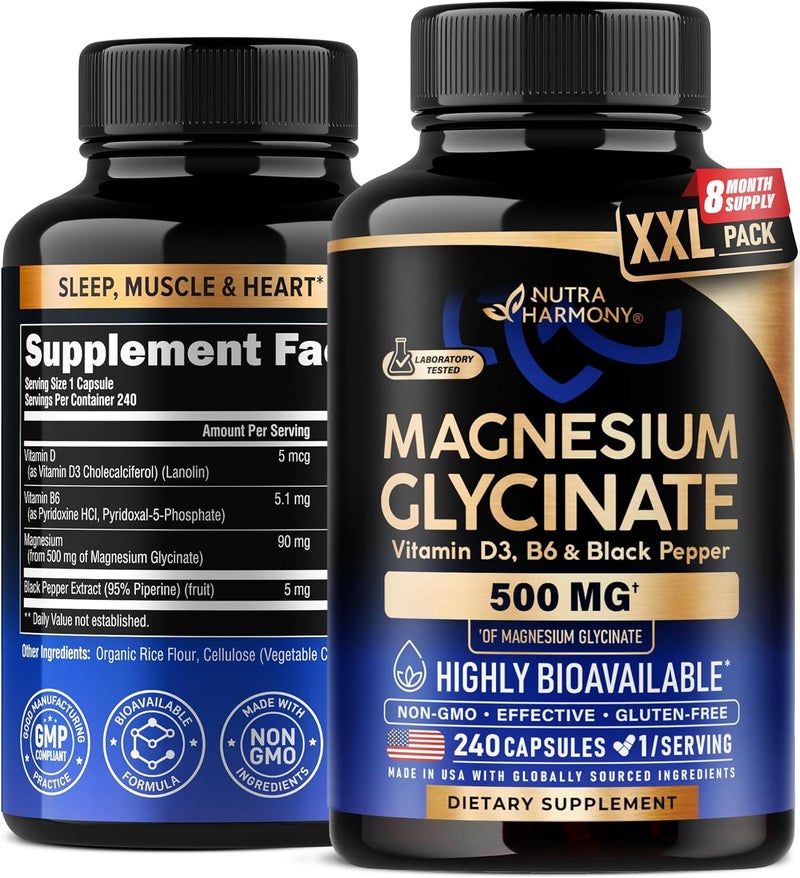 NUTRAHARMONY Magnesium Glycinate 500 mg  Chelated Supplement  98 High Absorption  Support for Sleep Muscle  Heart Health  Made in USA Lab Tested  NonGMO  240 Capsules - Image 1