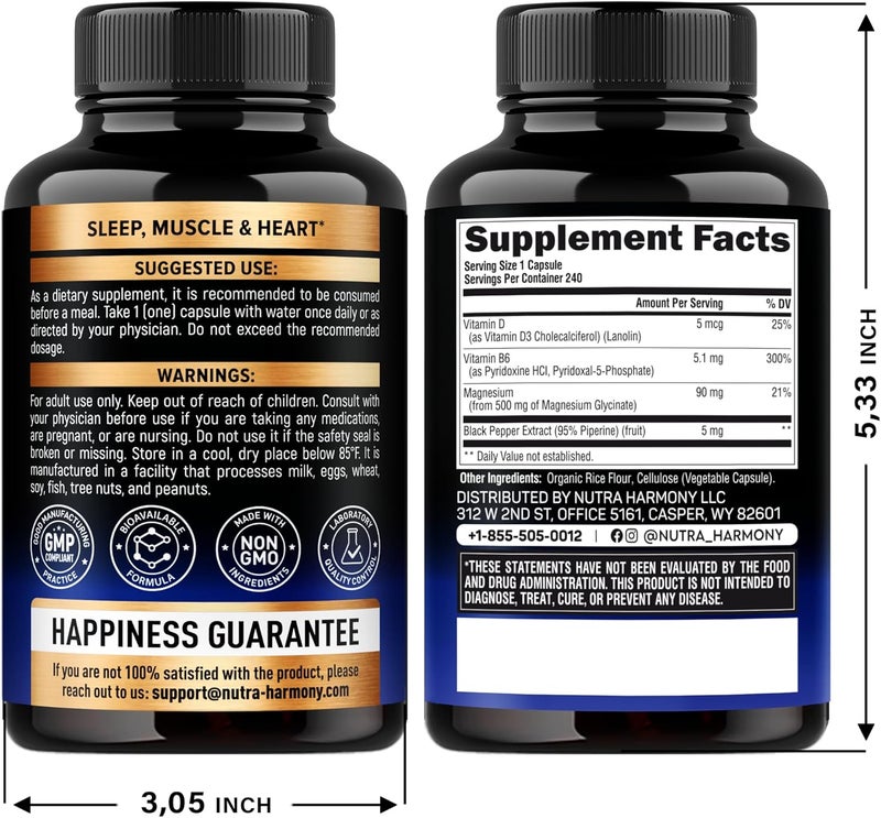 NUTRAHARMONY Magnesium Glycinate 500 mg  Chelated Supplement  98 High Absorption  Support for Sleep Muscle  Heart Health  Made in USA Lab Tested  NonGMO  240 Capsules - Image 2