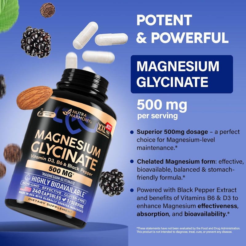 NUTRAHARMONY Magnesium Glycinate 500 mg  Chelated Supplement  98 High Absorption  Support for Sleep Muscle  Heart Health  Made in USA Lab Tested  NonGMO  240 Capsules - Image 4